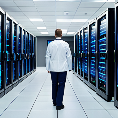 Home 4 **Image Prompt:** A brightly lit, modern data center interior with rows of servers and blinking lights. Technicians in clean suits are monitoring network performance on large screens displaying real-time data analytics and security dashboards. Focus on showcasing network cables and connections, emphasizing VLANs, subnets, and routing protocols.