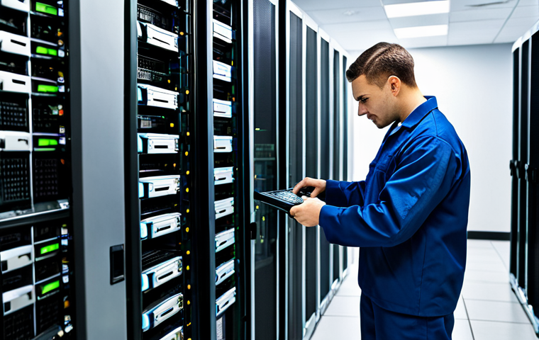 **
"A network technician in a fully clothed, professional uniform, working on a server rack in a brightly lit government data center, safe for work, appropriate content, perfect anatomy, well-formed hands, modest clothing, family-friendly, high resolution, professional photography."
**