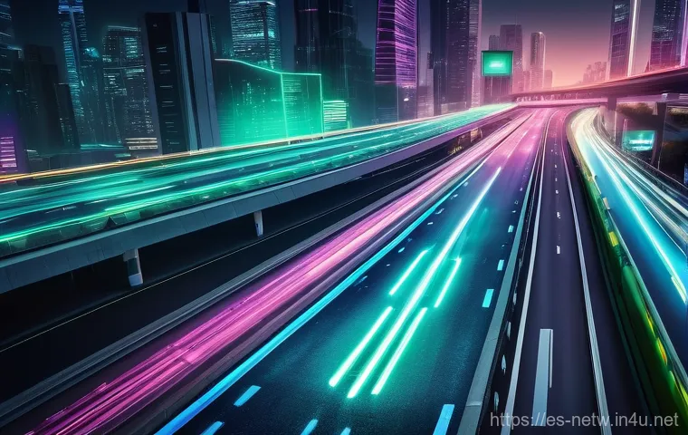 네트워크 실무에서 경험한 QoS 설정 사례 - **A vibrant, futuristic digital highway at night, symbolizing internet traffic. Multiple lanes are c...
