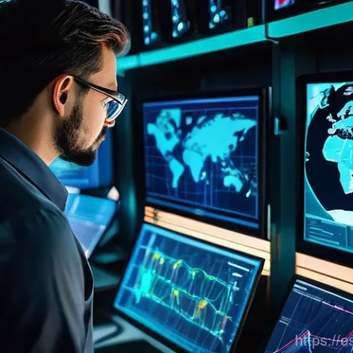 Home 23 네트워크 실무와 클라우드 네트워크 구축 기술 - **Prompt 1: The Digital Symphony of Data Flow**
"A vibrant, dynamic illustration depicting the i...