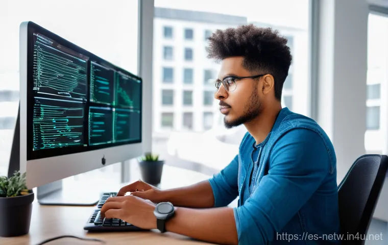 네트워크 실기 시험의 난이도 높은 문제 풀이법 - **Prompt Title: Focused Network Troubleshooting**
A young adult, male or female, with a determin...